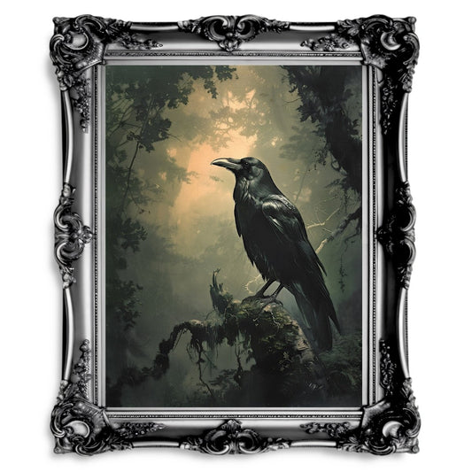 Black Raven in Moody Woodland Dark Painting - Gothic Wall Art Print - Everything Pixel