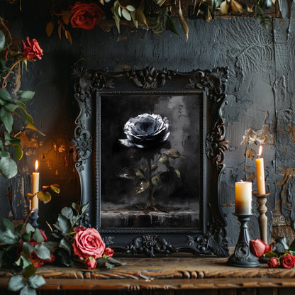 Black Silver Rose Gothic Wall Art Vintage Oil Painting, Dark Academia, Gothic, Floral, Moody Botanical Decor, Dark Cottagecore Paper Poster Prints - Everything Pixel