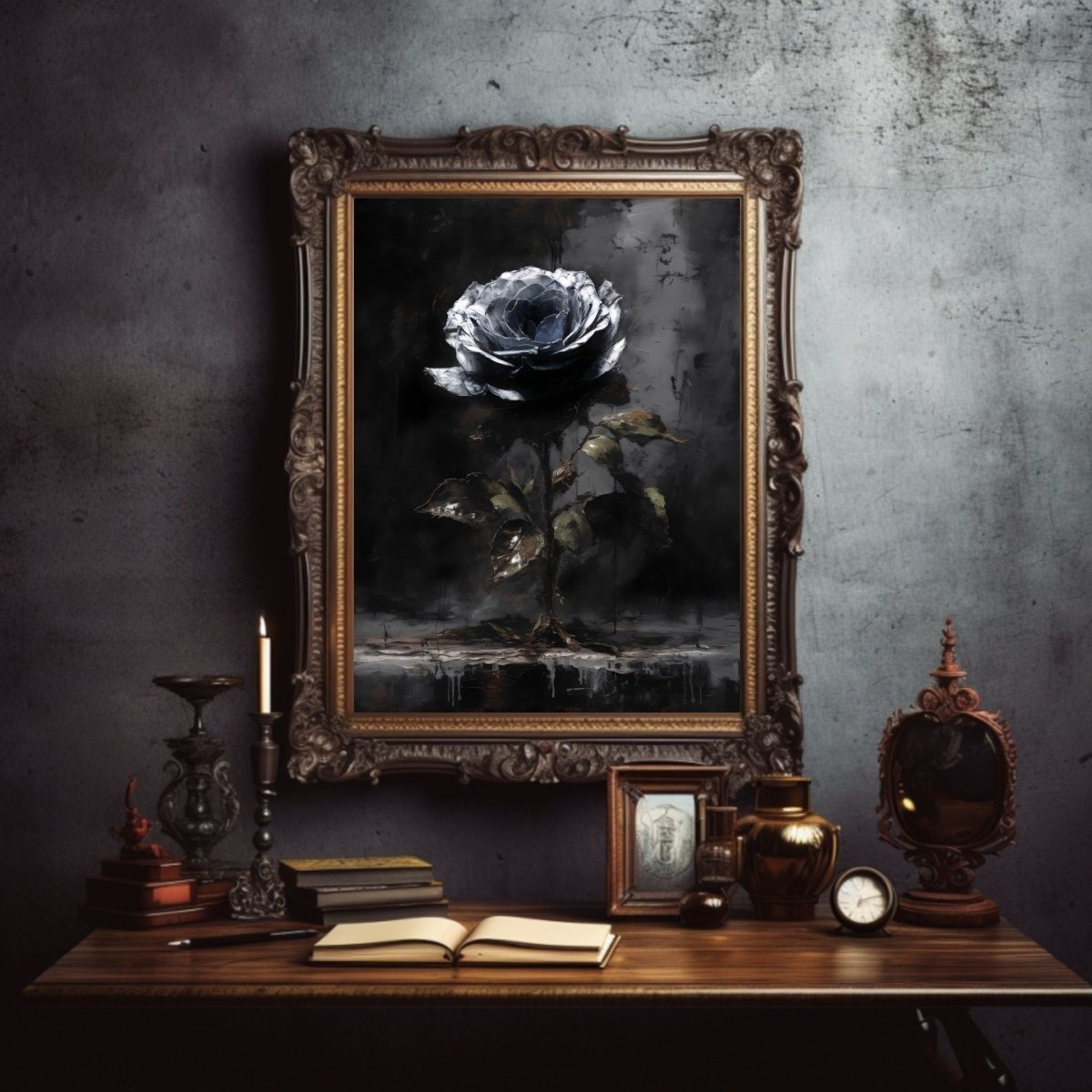 Black Silver Rose Gothic Wall Art Vintage Oil Painting, Dark Academia, Gothic, Floral, Moody Botanical Decor, Dark Cottagecore Paper Poster Prints - Everything Pixel