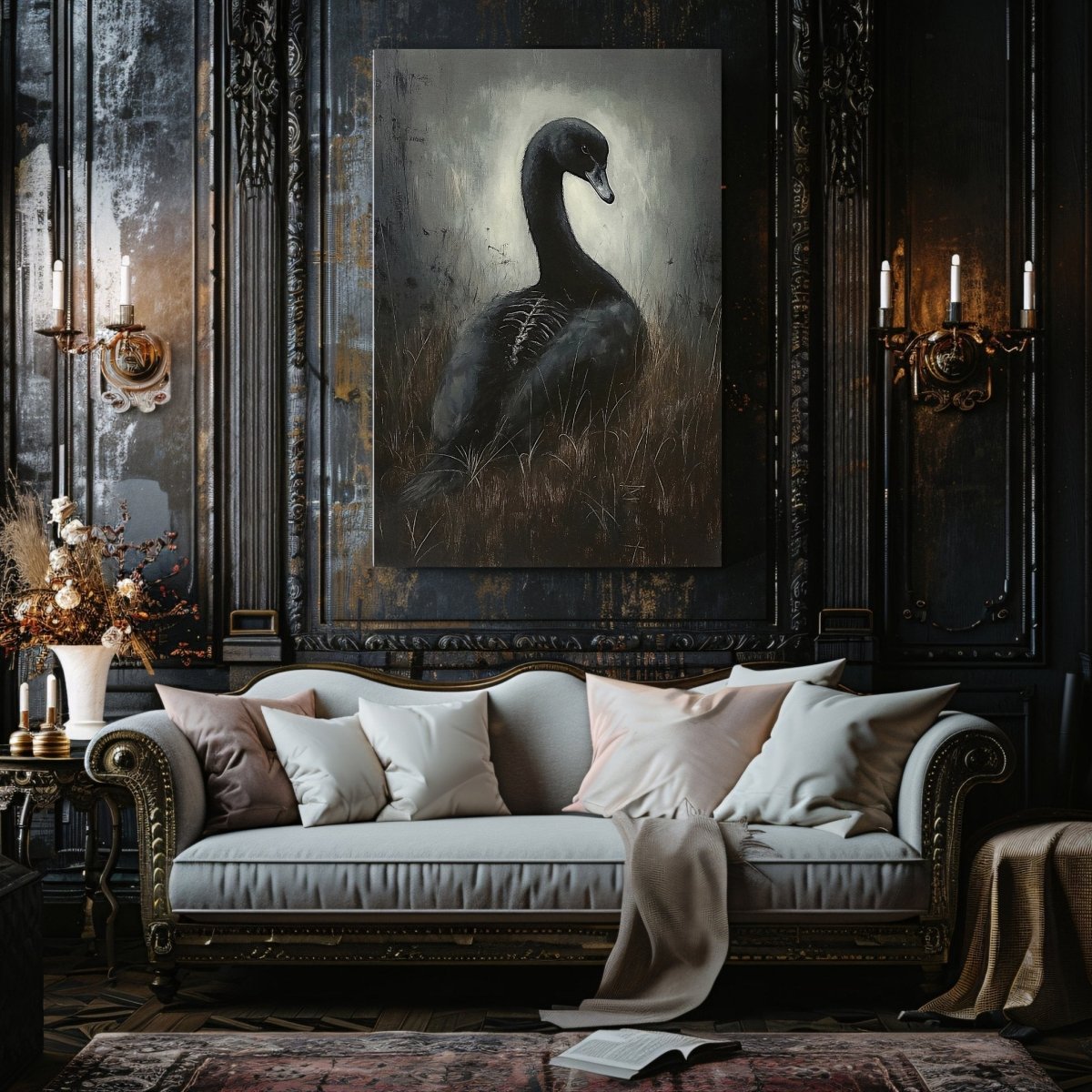 Black Swan Canvas Print – Mystical Gothic Artwork with Surreal and Skeletal Elements - Everything Pixel