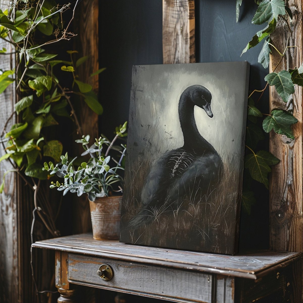 Black Swan Canvas Print – Mystical Gothic Artwork with Surreal and Skeletal Elements - Everything Pixel