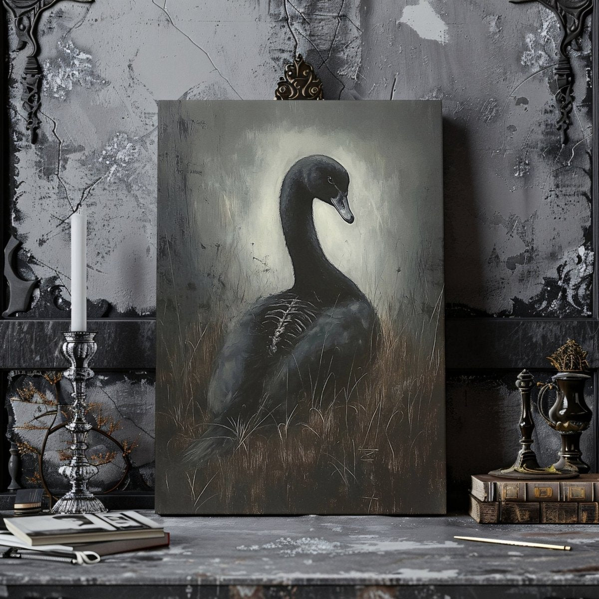 Black Swan Canvas Print – Mystical Gothic Artwork with Surreal and Skeletal Elements - Everything Pixel