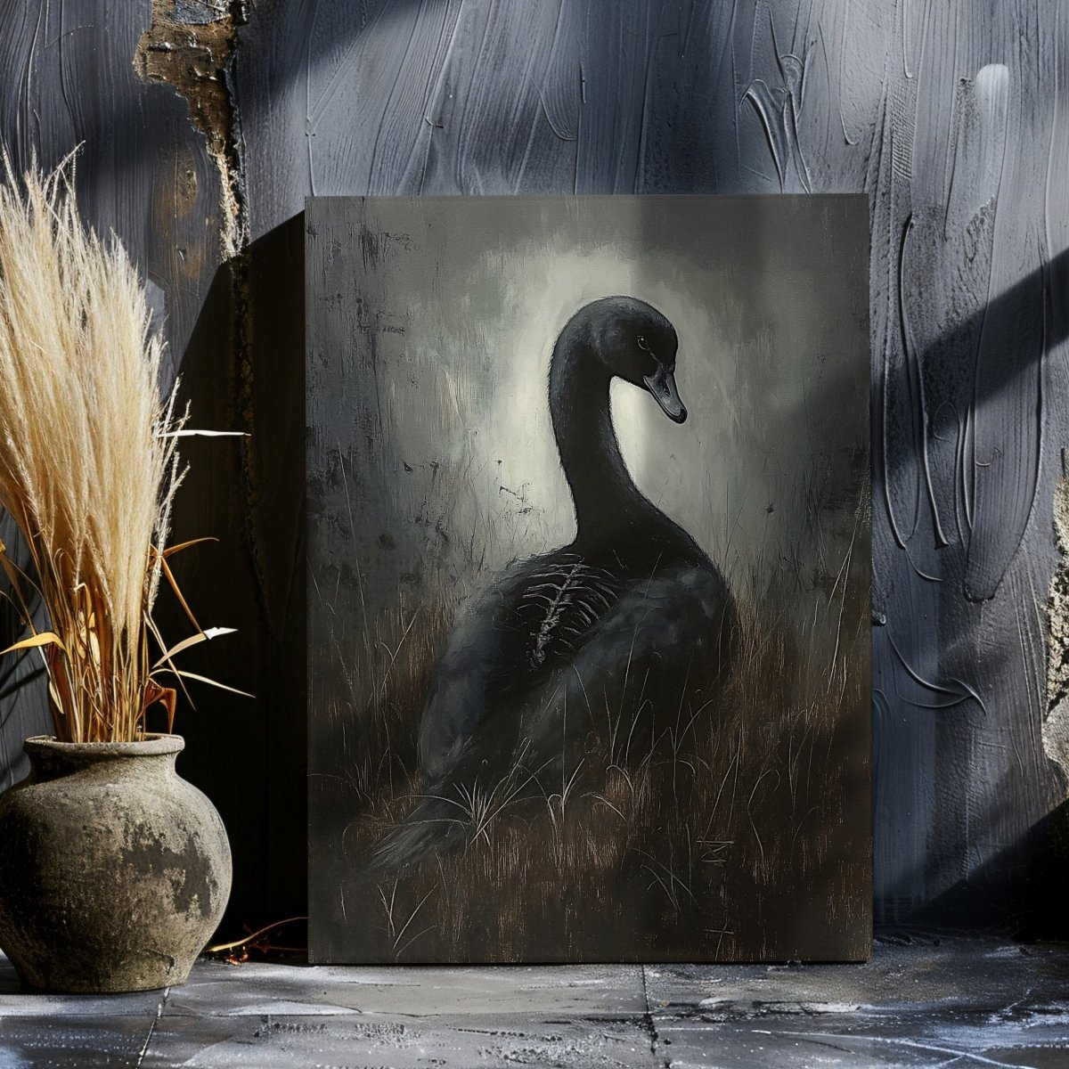 Black Swan Canvas Print – Mystical Gothic Artwork with Surreal and Skeletal Elements - Everything Pixel