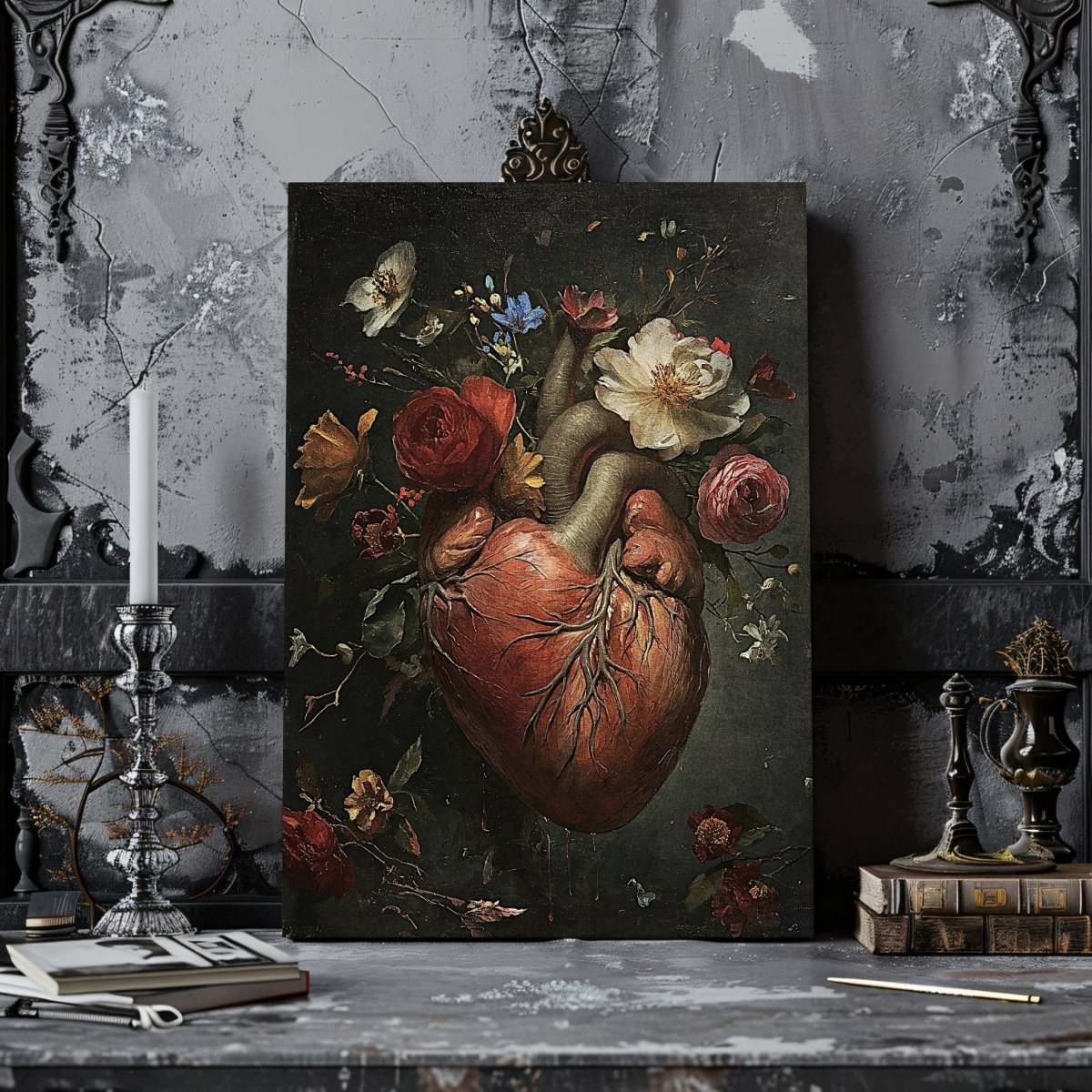 Blooming Heart Gothic Canvas Print - Dark Romance, Macabre Wall Decor - Everything Pixel