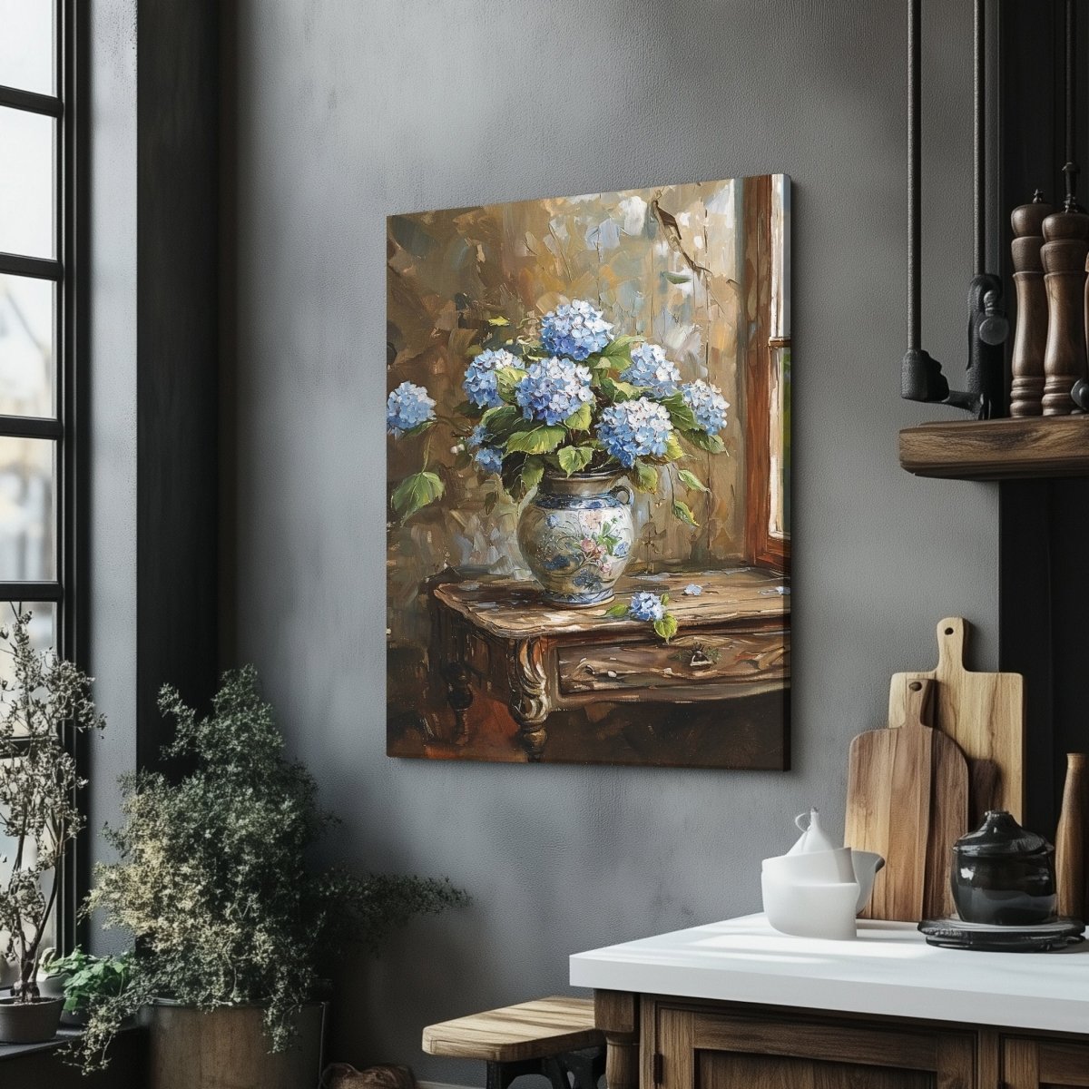 Blue Hydrangeas Canvas Print - Rustic Still Life Painting for Farmhouse & Cottagecore Decor - Everything Pixel