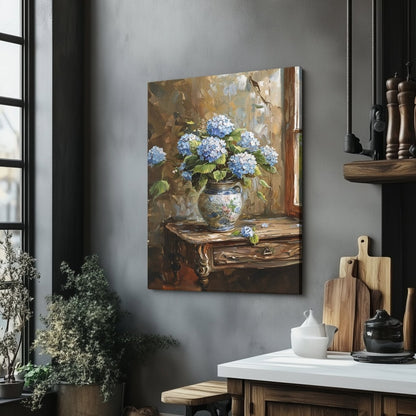 Blue Hydrangeas Canvas Print - Rustic Still Life Painting for Farmhouse & Cottagecore Decor - Everything Pixel