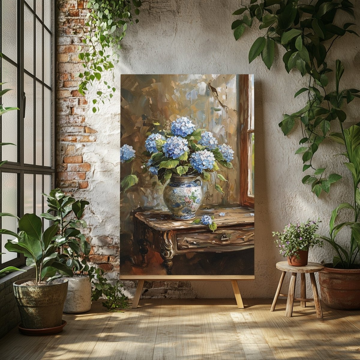Blue Hydrangeas Canvas Print - Rustic Still Life Painting for Farmhouse & Cottagecore Decor - Everything Pixel