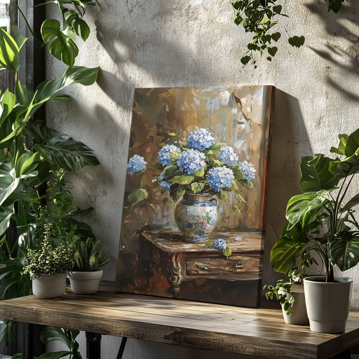 Blue Hydrangeas Canvas Print - Rustic Still Life Painting for Farmhouse & Cottagecore Decor - Everything Pixel