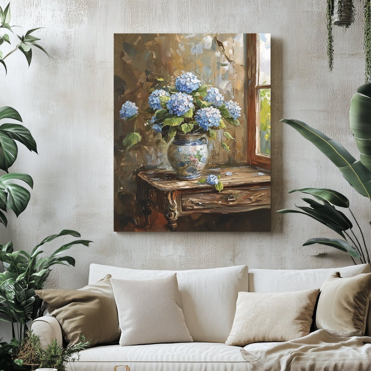 Blue Hydrangeas Canvas Print - Rustic Still Life Painting for Farmhouse & Cottagecore Decor - Everything Pixel