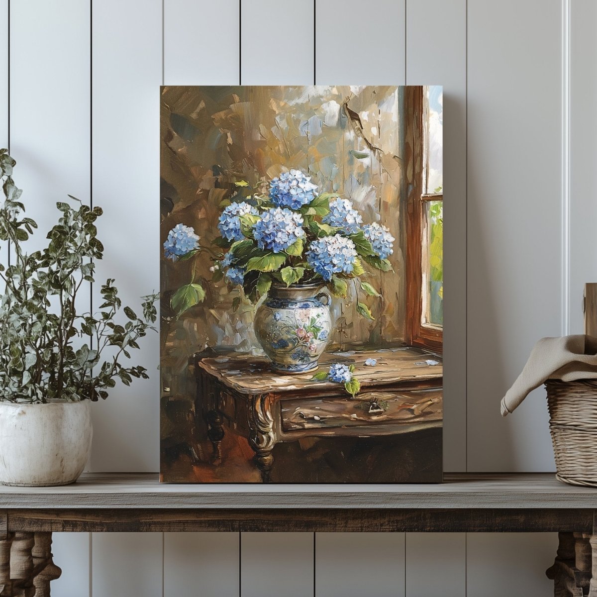 Blue Hydrangeas Canvas Print - Rustic Still Life Painting for Farmhouse & Cottagecore Decor - Everything Pixel