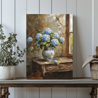 Blue Hydrangeas Canvas Print - Rustic Still Life Painting for Farmhouse & Cottagecore Decor - Everything Pixel