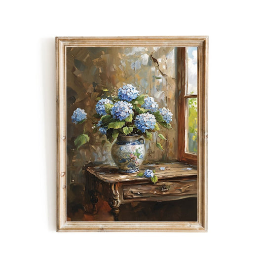 Blue Hydrangeas Still Life Painting - Vintage Wall Art Print - Everything Pixel
