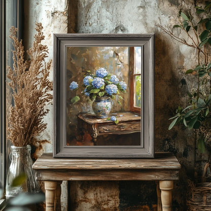 Blue Hydrangeas Still Life Painting - Vintage Wall Art Print - Everything Pixel