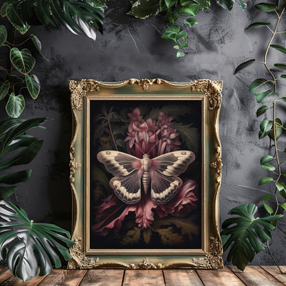 Botanical Moth Gothic Wall Art Paper Poster Prints Dark Cottagecore Moody Floral Goblincore Decor Fairycore Print Dark Academia Oil Painting Aesthetic - Everything Pixel