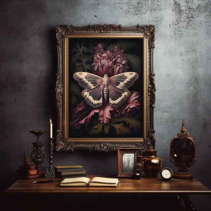 Botanical Moth Gothic Wall Art Paper Poster Prints Dark Cottagecore Moody Floral Goblincore Decor Fairycore Print Dark Academia Oil Painting Aesthetic - Everything Pixel