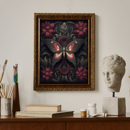 Botanical Moth Gothic Wall Art Paper Poster Prints Dark Cottagecore Witchy Gothic Botanical Decor Dark Academia Goblincore Goth Home Decor Moody Painting - Everything Pixel