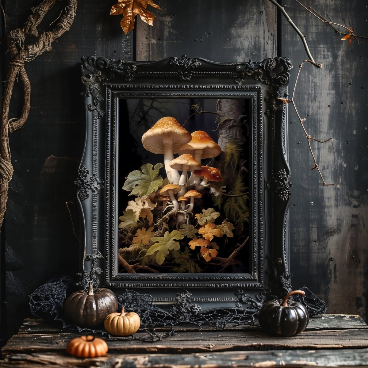 Brown Mushrooms in Dark Forest Gothic Wall Art Paper Poster Prints Dark Academia Goblincore Vintage Botanical Decor Witchy Gothic Cottagecore Mushroom Print - Everything Pixel