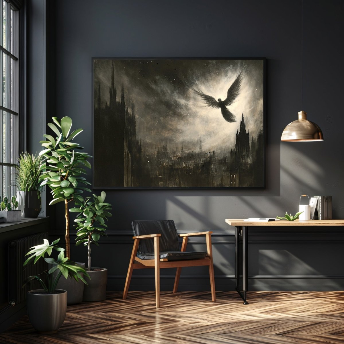 Celestial Angel Over Gothic Cityscape - Mystical Dark Academia Wall Art Print - Everything Pixel