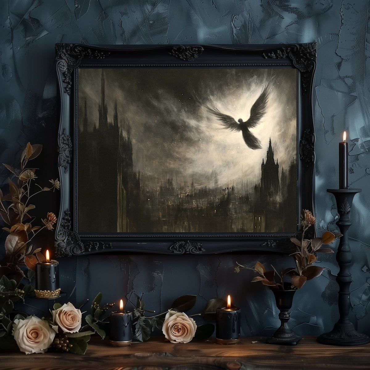 Celestial Angel Over Gothic Cityscape - Mystical Dark Academia Wall Art Print - Everything Pixel