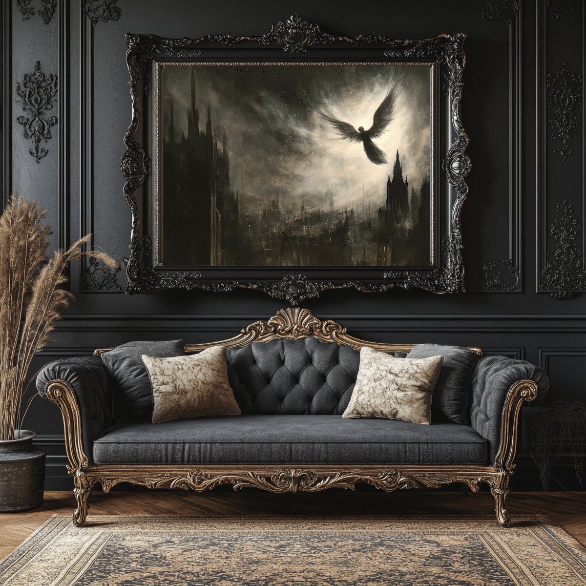 Celestial Angel Over Gothic Cityscape - Mystical Dark Academia Wall Art Print - Everything Pixel