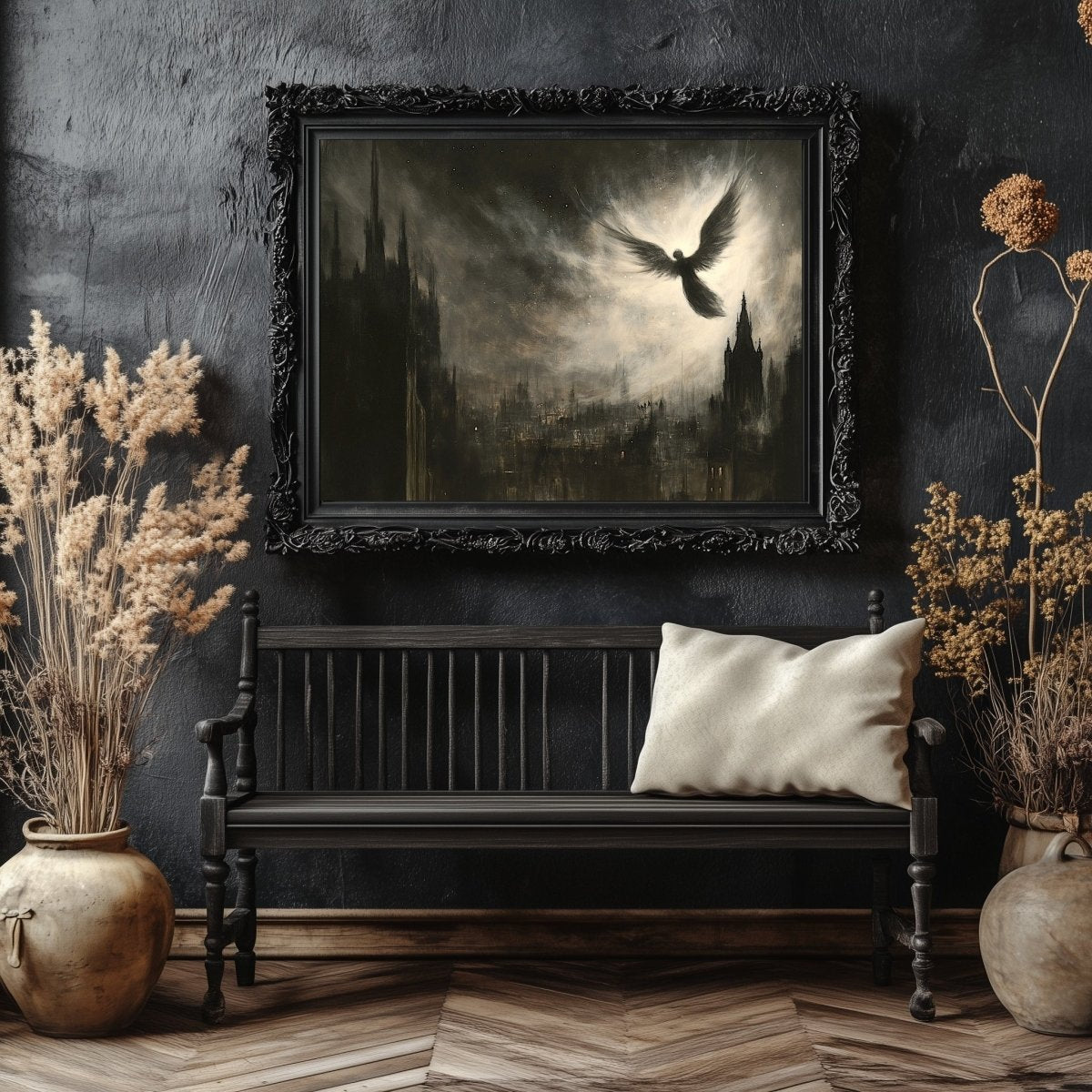 Celestial Angel Over Gothic Cityscape - Mystical Dark Academia Wall Art Print - Everything Pixel