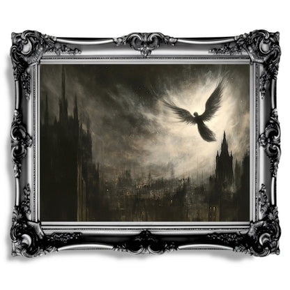 Celestial Angel Over Gothic Cityscape - Mystical Dark Academia Wall Art Print - Everything Pixel