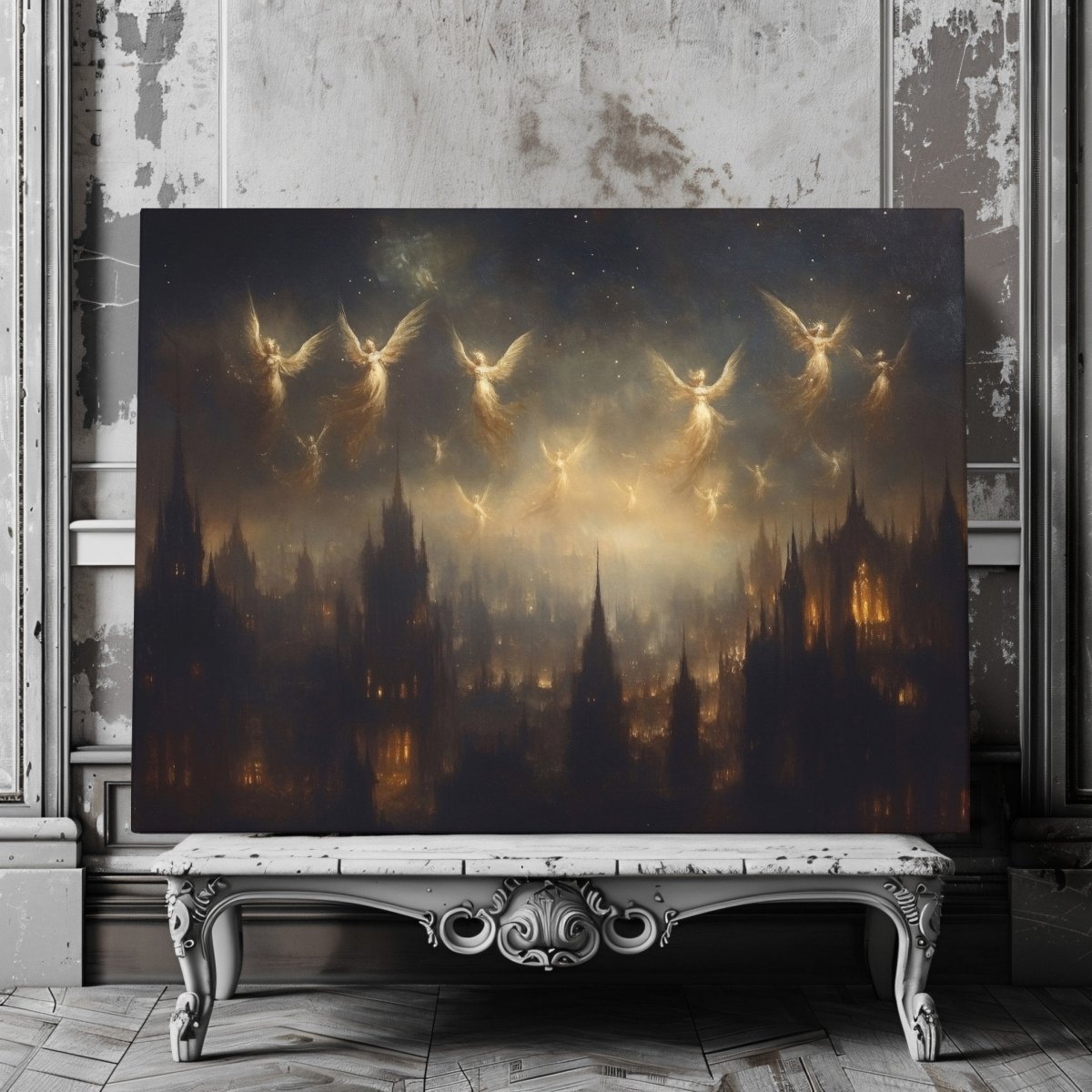 Celestial Angels Soaring Over Gothic City Canvas Print – Mystical Lantern - Lit Spires & Starry Sky - Everything Pixel