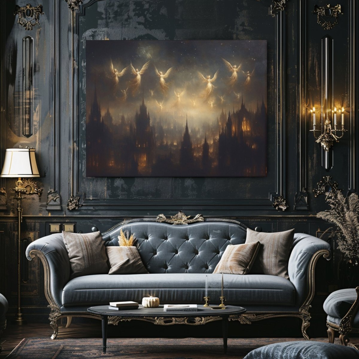 Celestial Angels Soaring Over Gothic City Canvas Print – Mystical Lantern - Lit Spires & Starry Sky - Everything Pixel