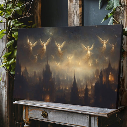 Celestial Angels Soaring Over Gothic City Canvas Print – Mystical Lantern - Lit Spires & Starry Sky - Everything Pixel