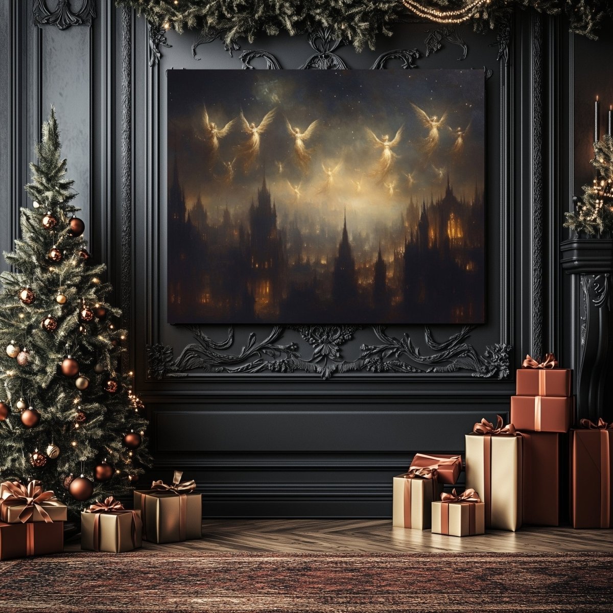 Celestial Angels Soaring Over Gothic City Canvas Print – Mystical Lantern - Lit Spires & Starry Sky - Everything Pixel