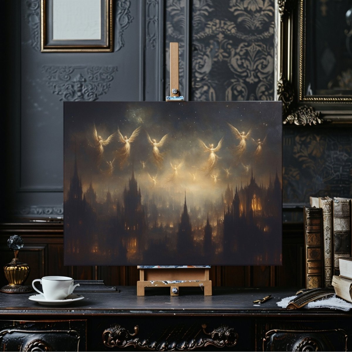 Celestial Angels Soaring Over Gothic City Canvas Print – Mystical Lantern - Lit Spires & Starry Sky - Everything Pixel