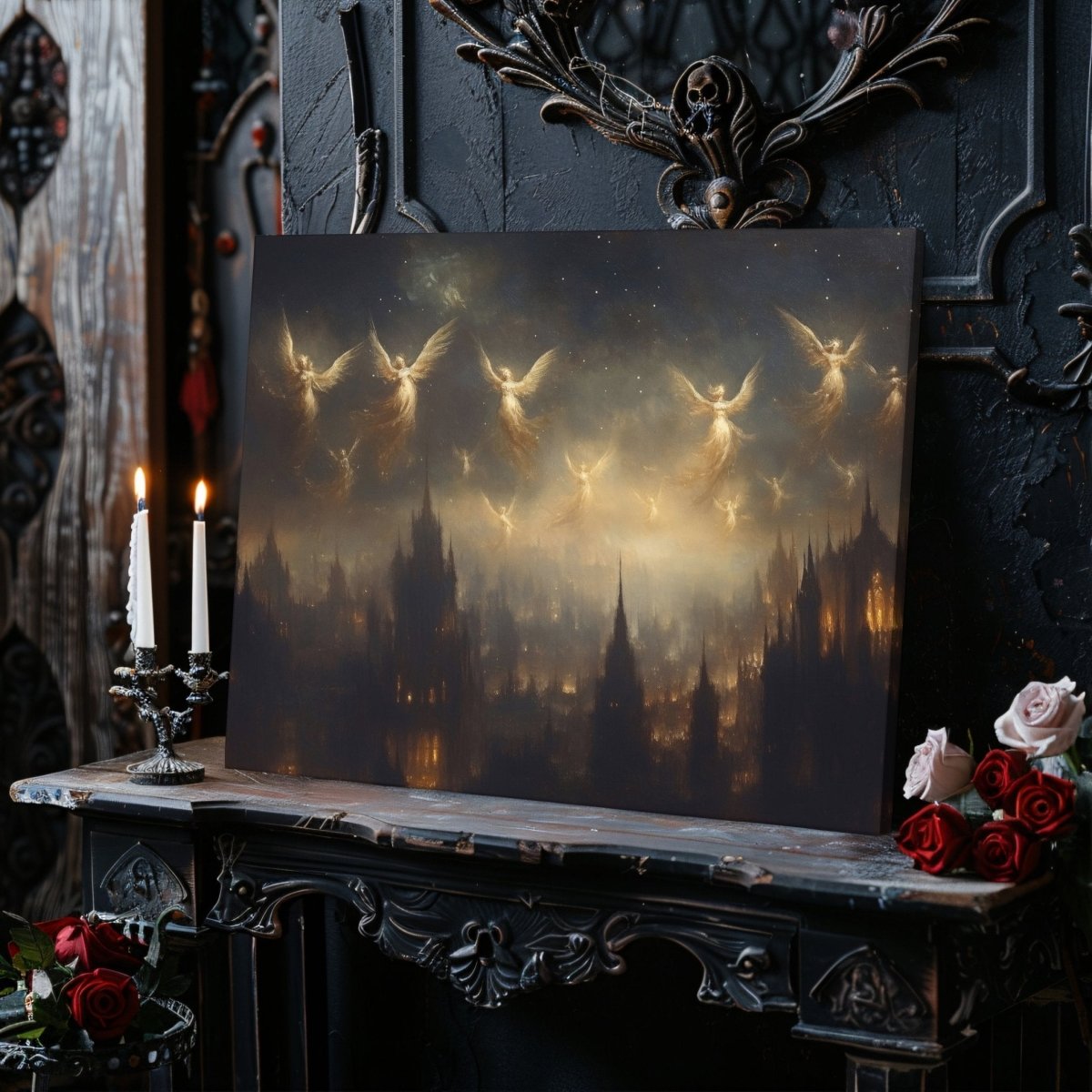 Celestial Angels Soaring Over Gothic City Canvas Print – Mystical Lantern - Lit Spires & Starry Sky - Everything Pixel