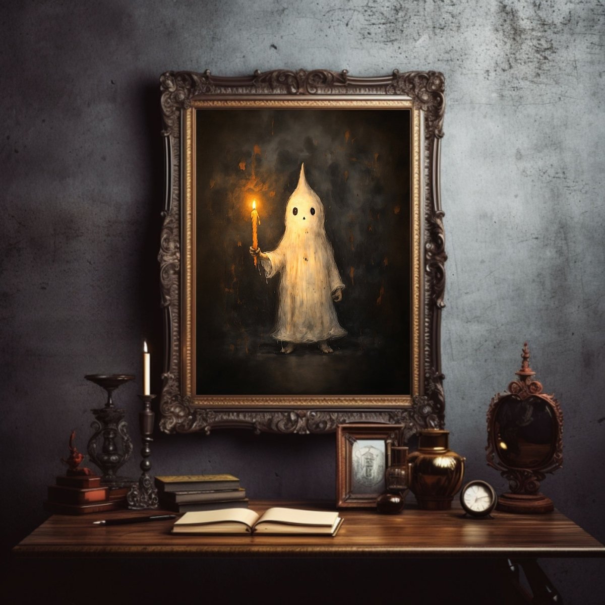 Charming Ghost Holding Candle Wall Art Print – Whimsical Halloween Decor with Spooky and Playful Vibes - Everything Pixel