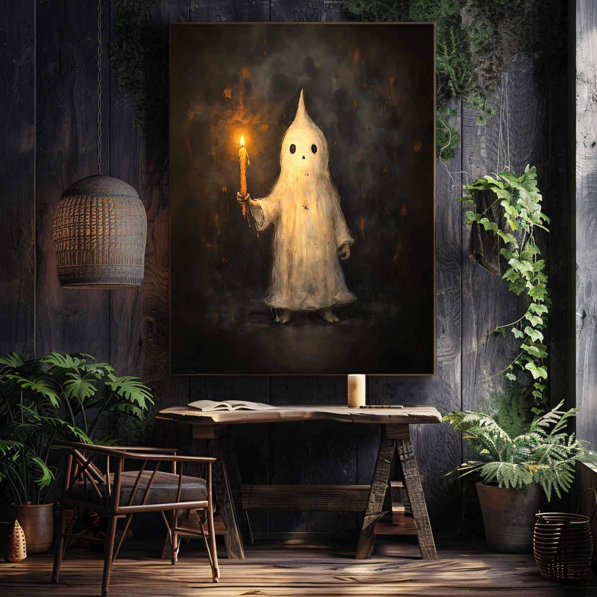 Charming Ghost Holding Candle Wall Art Print – Whimsical Halloween Decor with Spooky and Playful Vibes - Everything Pixel