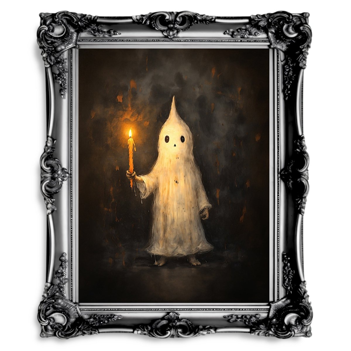 Charming Ghost Holding Candle Wall Art Print – Whimsical Halloween Decor with Spooky and Playful Vibes - Everything Pixel