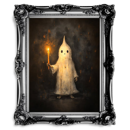 Charming Ghost Holding Candle Wall Art Print – Whimsical Halloween Decor with Spooky and Playful Vibes - Everything Pixel