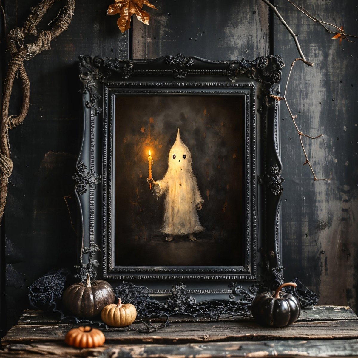 Charming Ghost Holding Candle Wall Art Print – Whimsical Halloween Decor with Spooky and Playful Vibes - Everything Pixel