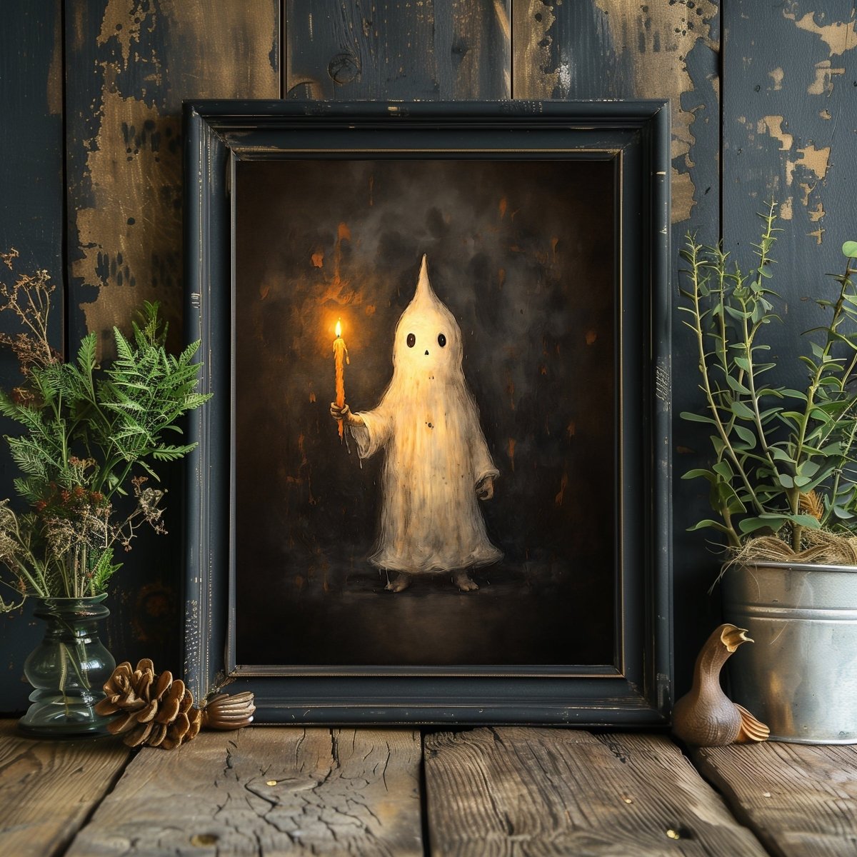 Charming Ghost Holding Candle Wall Art Print – Whimsical Halloween Decor with Spooky and Playful Vibes - Everything Pixel