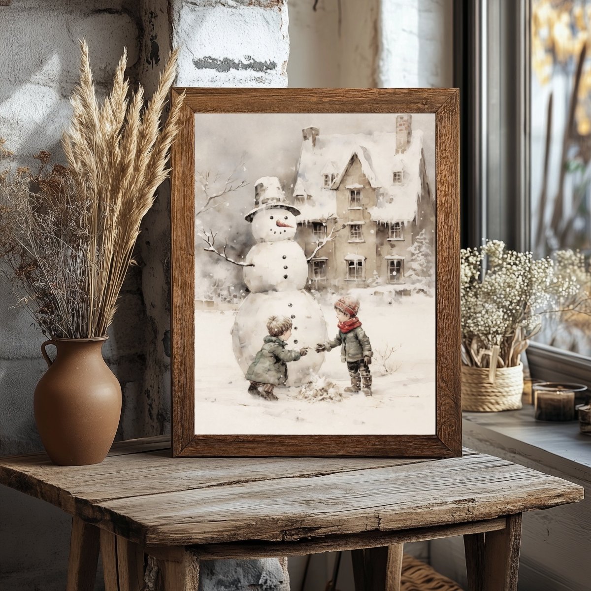 Children building Snowman Wall Art Vintage Winter Landscape Charming Children Christmas Scene Muted Seasonal Antique Painting Paper Poster Print - Everything Pixel