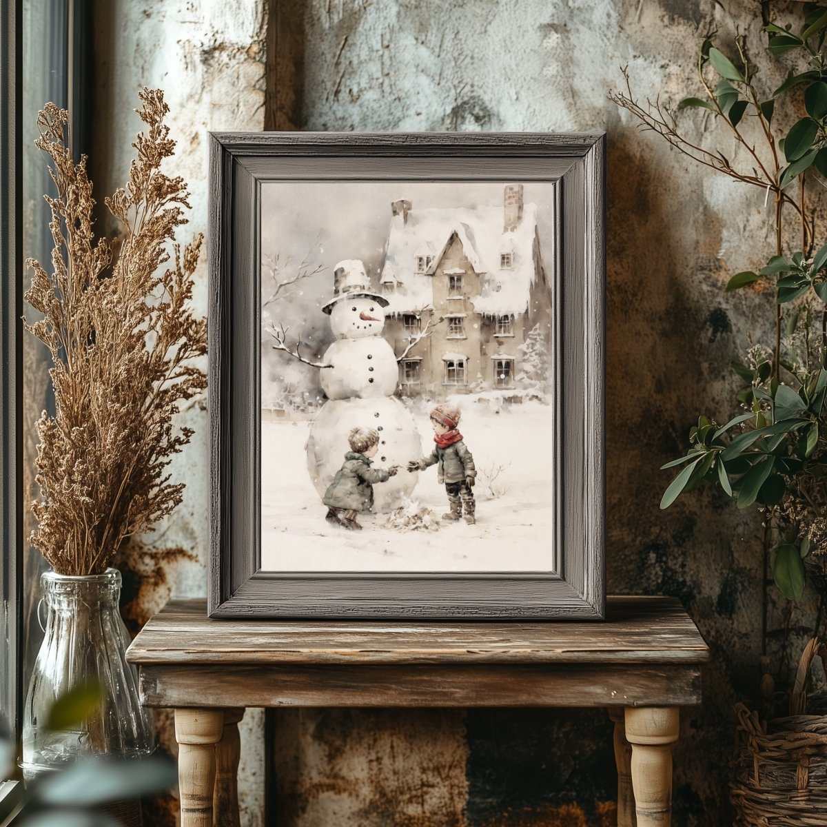 Children building Snowman Wall Art Vintage Winter Landscape Charming Children Christmas Scene Muted Seasonal Antique Painting Paper Poster Print - Everything Pixel