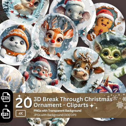 Christmas 3D Break Through Ornament Cliparts 20 PNG Bundle Sublimation Design Funny 3D Effect Christmas Decoration Festive Round Stickers - Everything Pixel