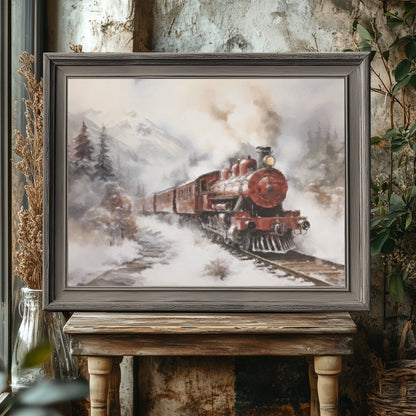 Christmas Express Train Wall Art Moody Winter Landscape Snowy Railroad Christmas Polar Express Vintage Farmhouse Paper Poster Print - Everything Pixel