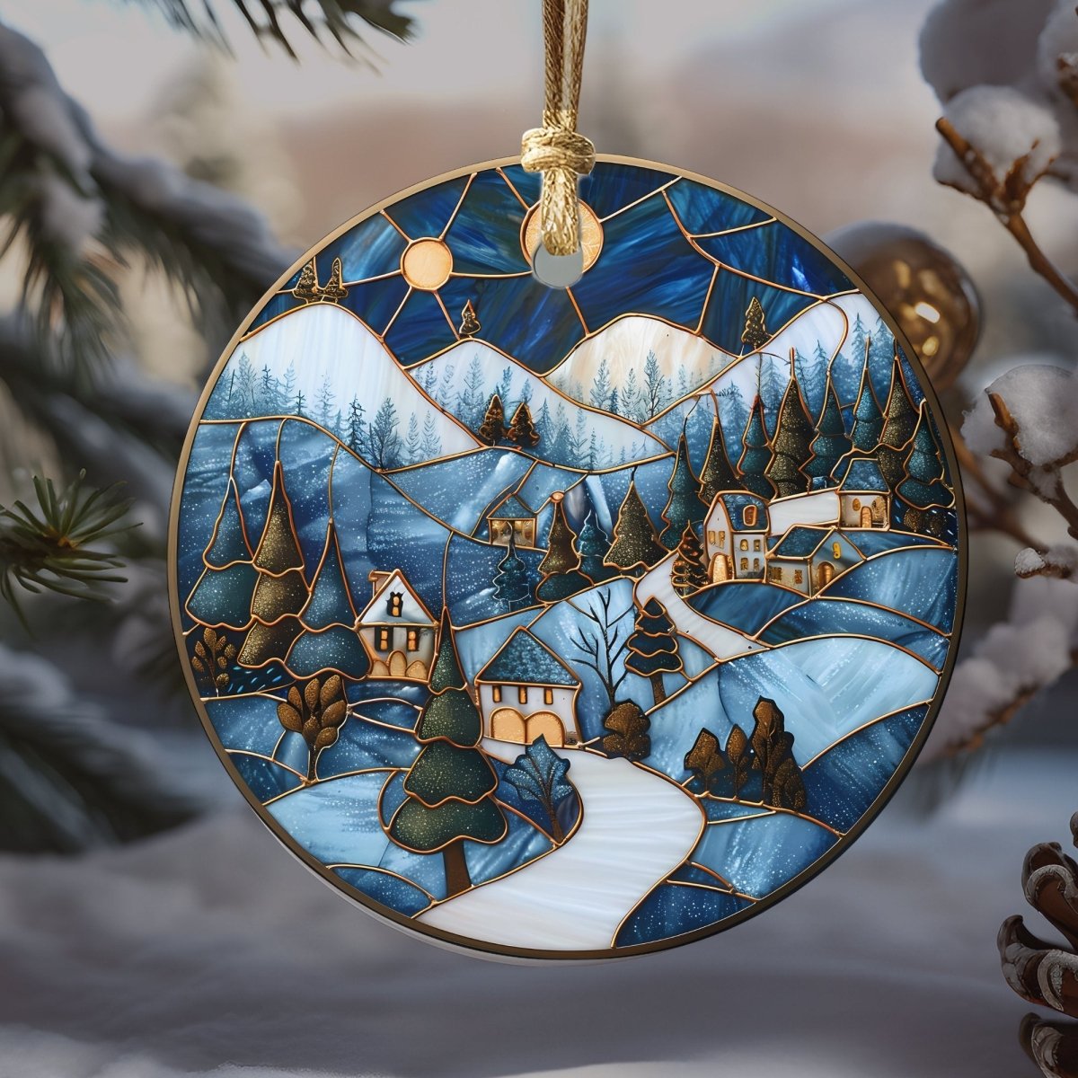 Christmas Stained Glass Ornament 20 PNG Bundle Blue and Gold Sublimation Design Festive Round Christmas Decoration Clipart - Everything Pixel