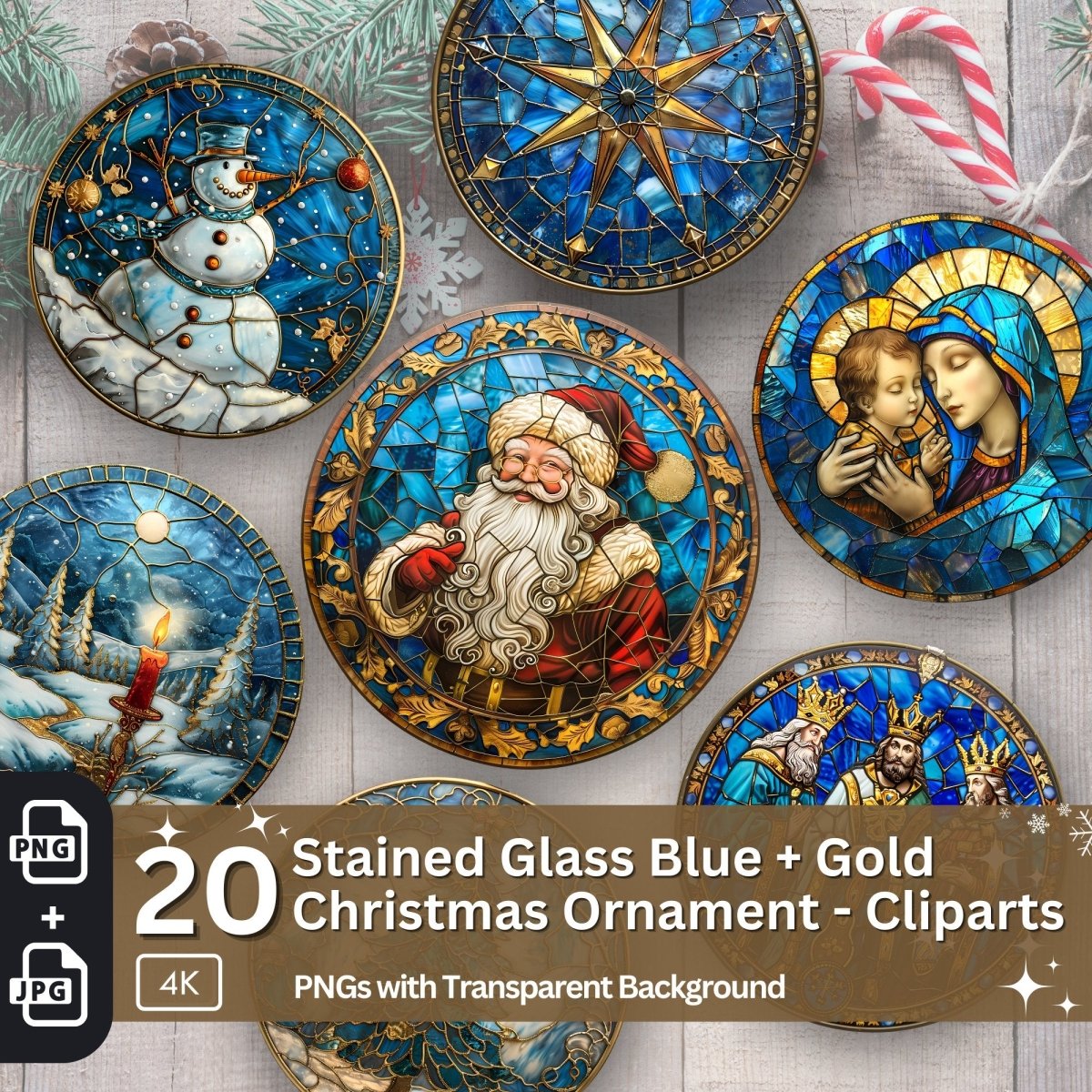 Christmas Stained Glass Ornament 20 PNG Bundle Blue and Gold Sublimation Design Festive Round Christmas Decoration Clipart - Everything Pixel