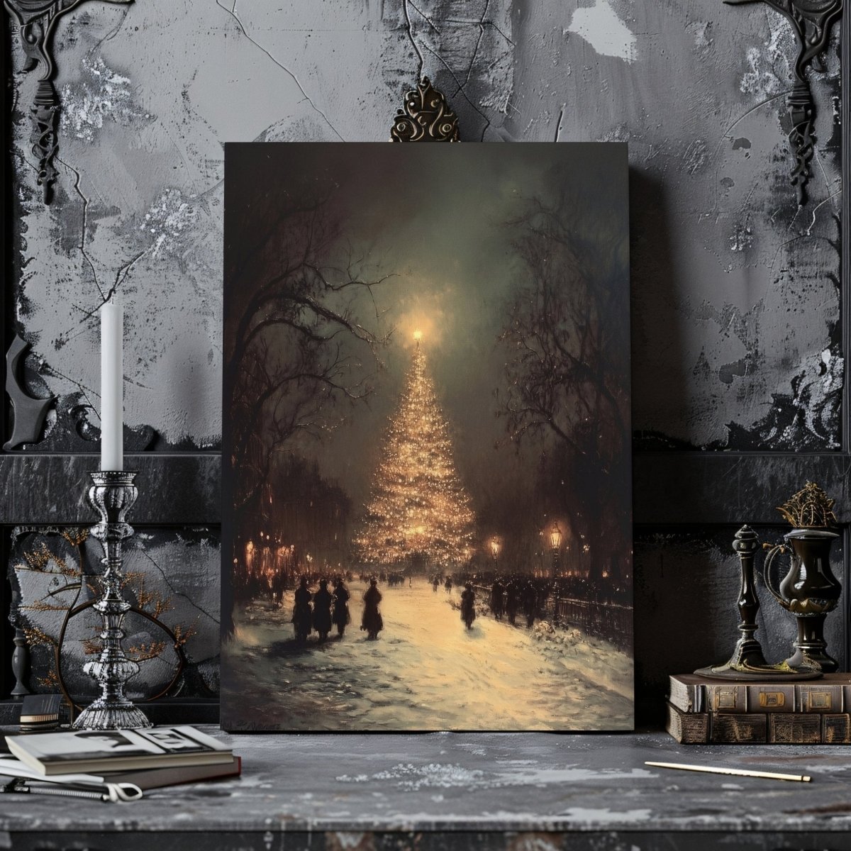 Christmas Tree Canvas Print - Glowing Festive Winter Scene in a Snowy Square with Vintage Charm - Everything Pixel