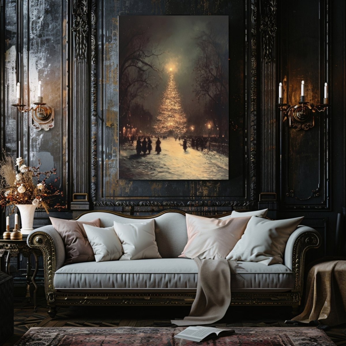 Christmas Tree Canvas Print - Glowing Festive Winter Scene in a Snowy Square with Vintage Charm - Everything Pixel