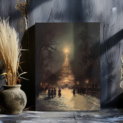 Christmas Tree Canvas Print - Glowing Festive Winter Scene in a Snowy Square with Vintage Charm - Everything Pixel