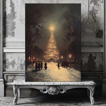 Christmas Tree Canvas Print - Glowing Festive Winter Scene in a Snowy Square with Vintage Charm - Everything Pixel