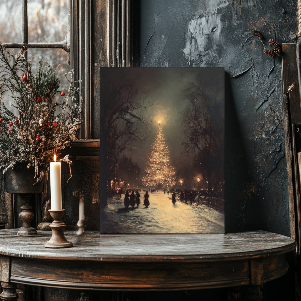 Christmas Tree Canvas Print - Glowing Festive Winter Scene in a Snowy Square with Vintage Charm - Everything Pixel