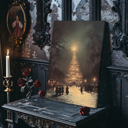 Christmas Tree Canvas Print - Glowing Festive Winter Scene in a Snowy Square with Vintage Charm - Everything Pixel